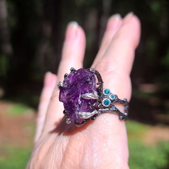 Deep Amethyst raw crystal Branch Sterling ring sz8 - Picture 8 of 9